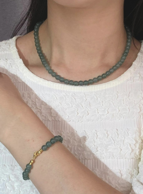 S925银蓝水翡翠圆珠斜刀纹爆闪珠双扣项链女小众设计感DIY项链