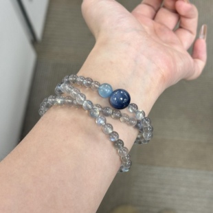 天然灰月光石三圈搭配海蓝宝蓝晶石手链原创设计蓝光拉长石手串女