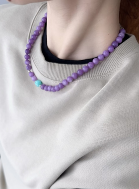 天然紫锂辉圆珠项链搭配老矿天河石女款中式小众锁骨链转运水晶
