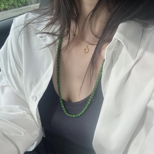 俄罗斯老坑料菠菜绿圆珠长款毛衣链和田玉果绿色项链颈链女款中式