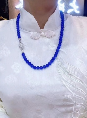 天然土耳其蓝玉髓圆珠原创项链玛瑙绿色水晶毛衣链转运女款新中式