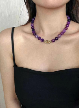 10mm大颗粒紫俱来天然紫玉髓项链颗颗打结复古皇家紫仿真锁骨链