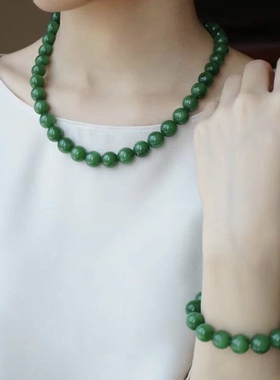 天然俄罗斯碧玉老矿料菠菜绿圆珠项链和田玉妈妈链礼物锁骨链女款