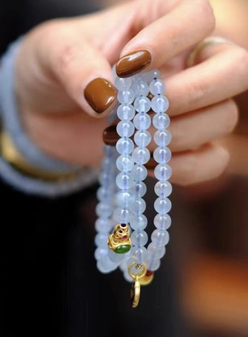 天然冰种蓝海蓝宝手链女款多圈佛珠念珠水晶饰品礼物蓝色水晶手串