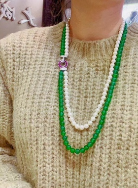 天然冰种帝王绿玉髓圆珠项链叠戴款珍珠毛衣链贝珠原创玛瑙新中式