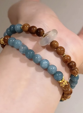 双圈手链女款精工库克圆珠手链搭配翡翠蓝水小众玉髓跑环手串