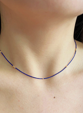 原创设计天然青金石极细项链女式锁骨链初秋素链蓝色水晶转运女