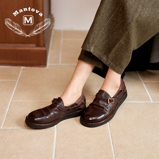Mantova曼托瓦新款乐福鞋手工水洗马皮鞋低跟百搭一脚蹬单鞋女