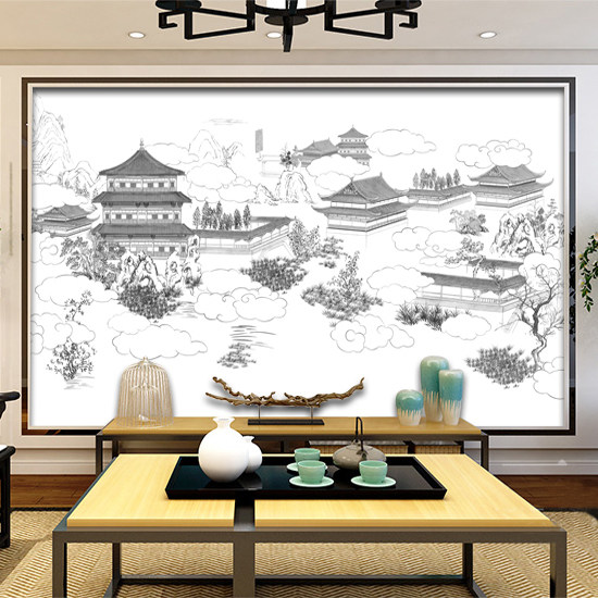 新中式线描阁楼墙纸客厅沙发背景壁纸书房卧室整张墙布宣绒布壁画