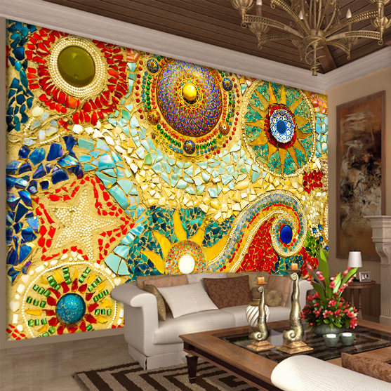 波西米亚欧式无缝墙纸马赛克彩绘砖墙壁画客厅沙发背景墙壁纸893