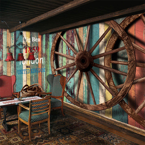 复古斑驳木板木纹餐厅咖啡厅壁纸沙发奶茶店酒吧背景墙纸壁画880