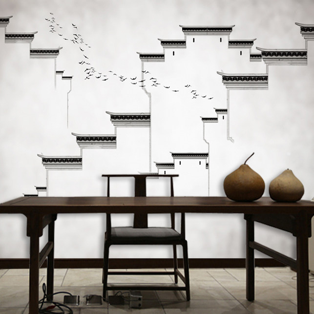 新中式江南水墨墙纸马头墙壁画电视背景墙布客厅卧室茶楼壁纸870