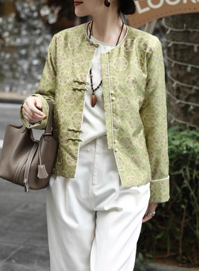 人丝宋锦复古绿色气质优雅老钱风圆领盘扣南油冬唐装长袖夹棉外套