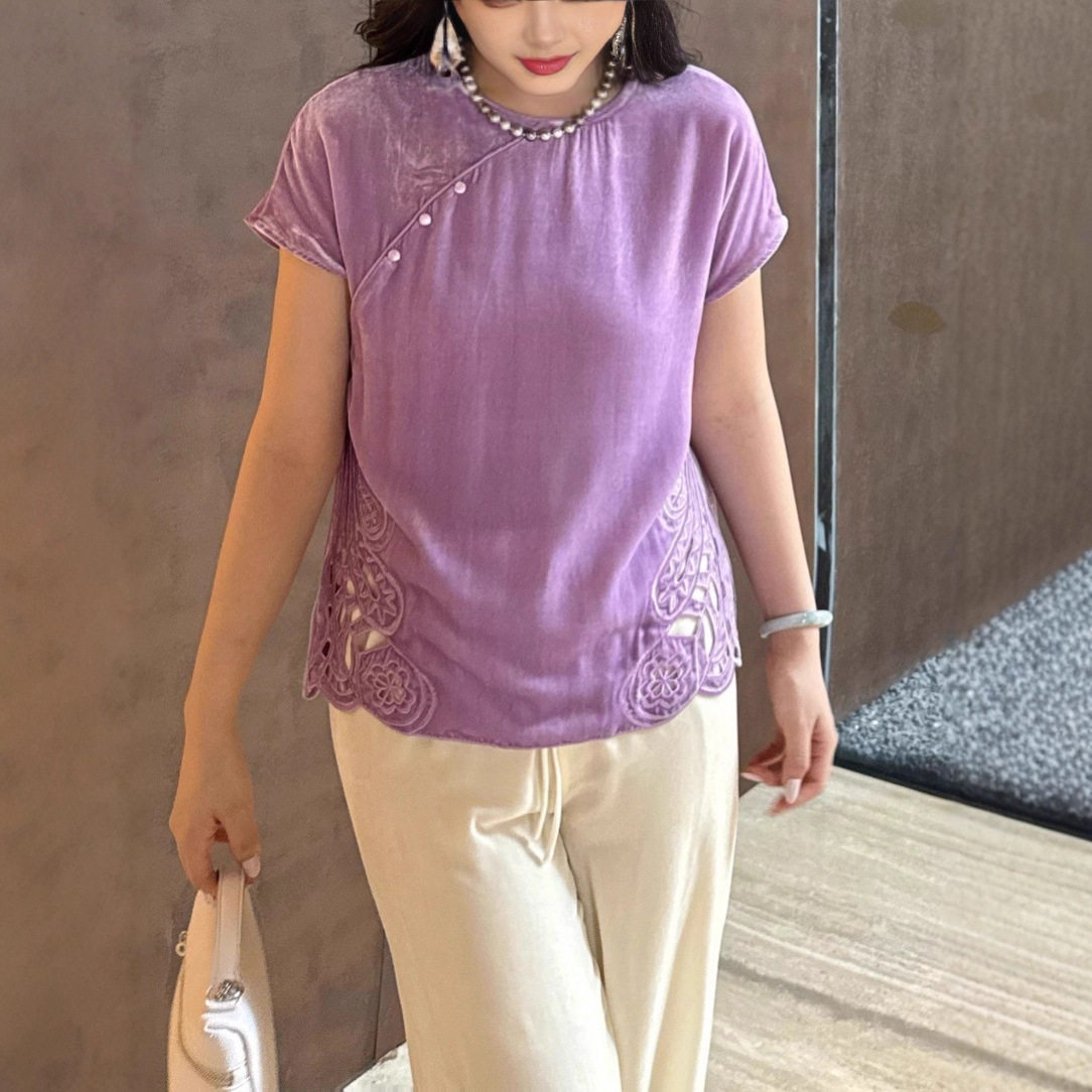 南油新中式国风100真丝丝绒镂空刺绣上衣简约复古百搭气质女唐装