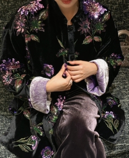 新中式复古黑紫色真丝丝绒亮片刺绣国风外套棉服气质高级感国风