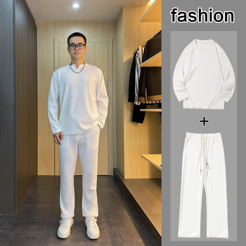 （两件套）秋季男士长袖T恤韩版休闲套装纯色春秋百搭白色衣服大