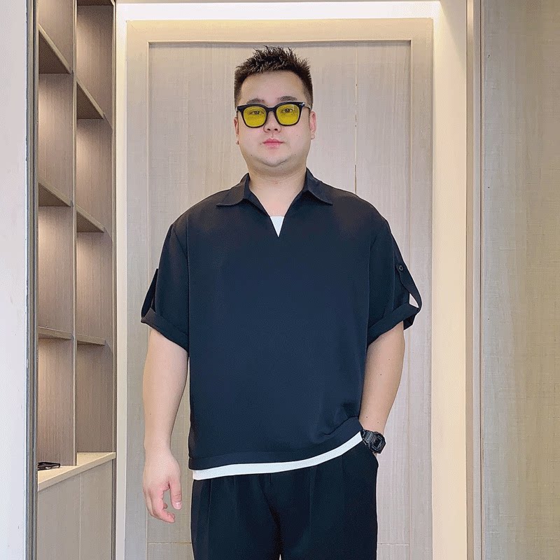 夏季大码休闲潮流坠感抗皱假两件冰丝短袖T恤微胖男生显瘦穿搭ins