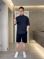 微胖男生显瘦穿搭夏季短袖衬衫宽松冰丝男坠感上衣半袖衬衣五分袖