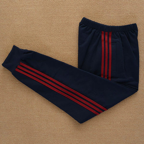 校服裤子束脚三道酒红杠初高中小学生大码纯棉宽松藏蓝深蓝运动裤