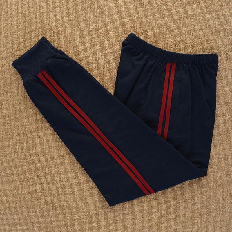 两道酒红杠束脚校服裤子