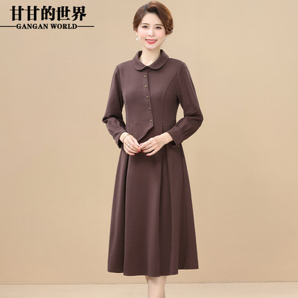 甘甘的世界中年女装连衣裙2024秋季新款长袖洋气娃娃领中长A字裙