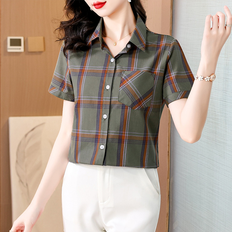 w29夏装妈妈装格子纯棉短袖衬衫休闲妇女寸衫中老年女半袖c07衬衣