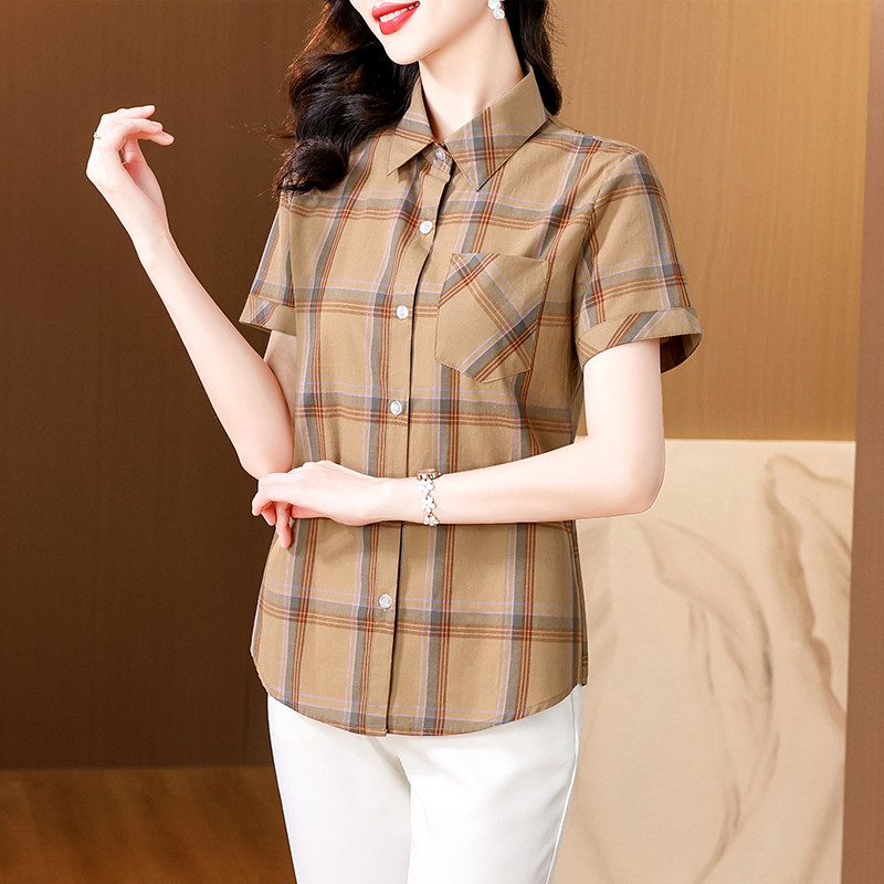 w36夏装妈妈装格子纯棉短袖衬衫休闲妇女寸衫中老年女半袖a93衬衣