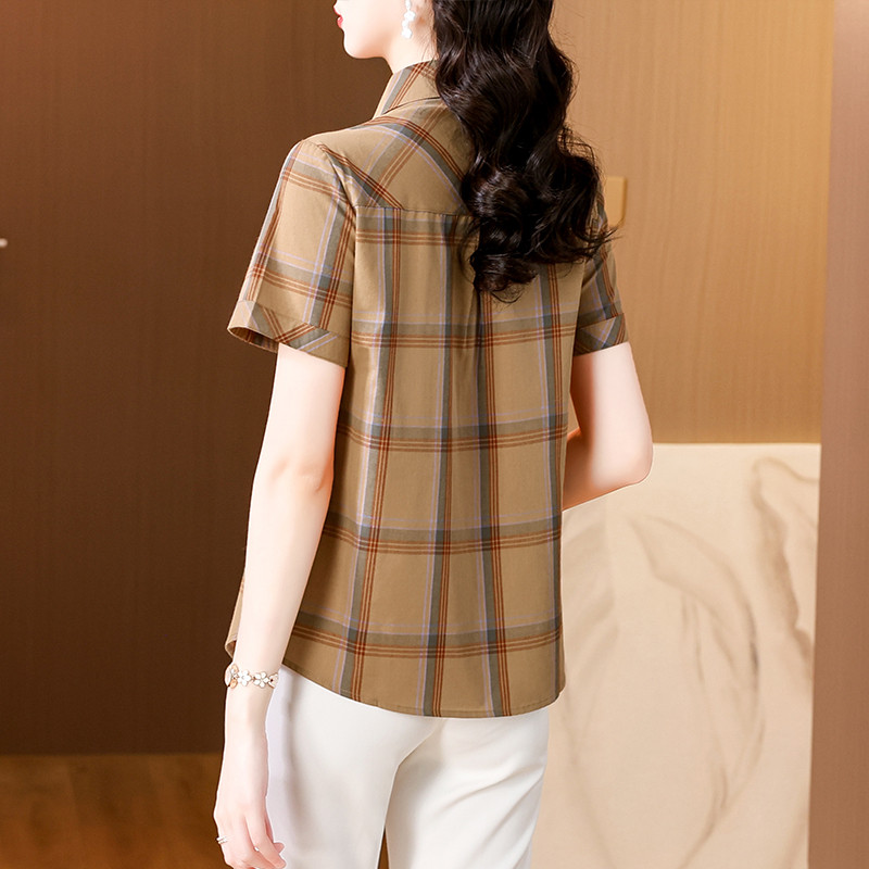w36夏装妈妈装格子纯棉短袖衬衫休闲妇女寸衫中老年女半袖a91衬衣
