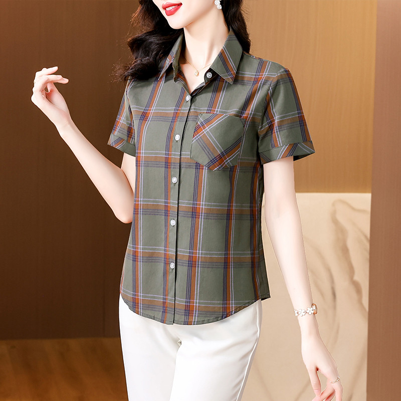 w29夏装妈妈装格子纯棉短袖衬衫休闲妇女寸衫中老年女半袖c03衬衣