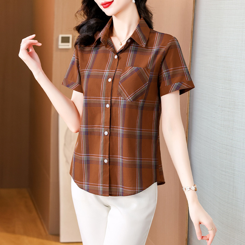 w36夏装妈妈装格子纯棉短袖衬衫休闲妇女寸衫中老年女半袖a06衬衣