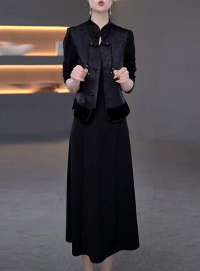 提花段国风外套加连衣裙两件套春秋新款漂亮出片衣服两件套装裙子