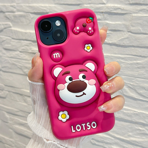立体草莓熊伸缩支架苹果15手机壳