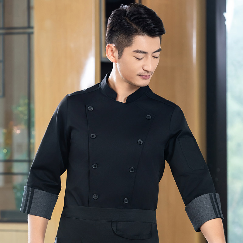 酒店秋季厨师工作服长袖男定制餐饮饭店食堂后厨餐厅工装黑色套装