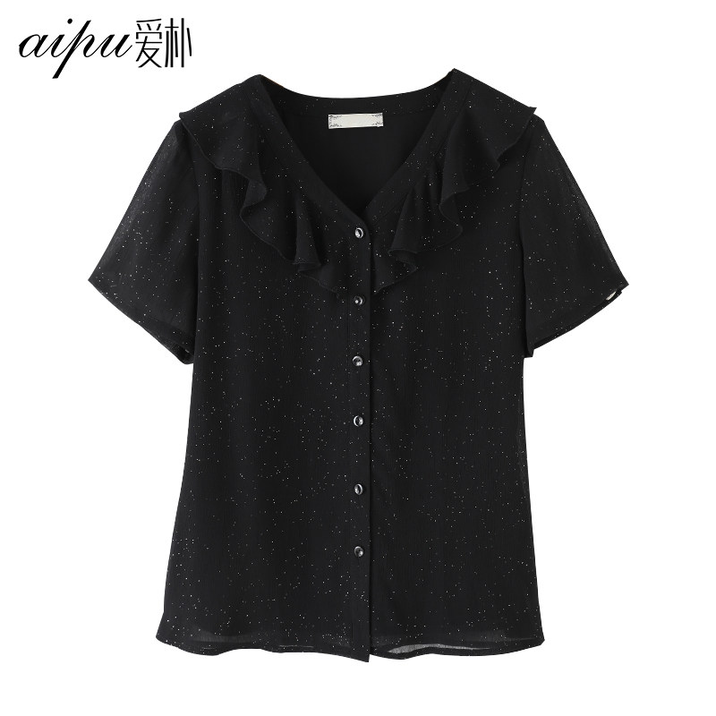 爱朴大码女装胖妹妹显瘦雪纺衫2020新款夏季胖mm宽松遮肚深v上衣