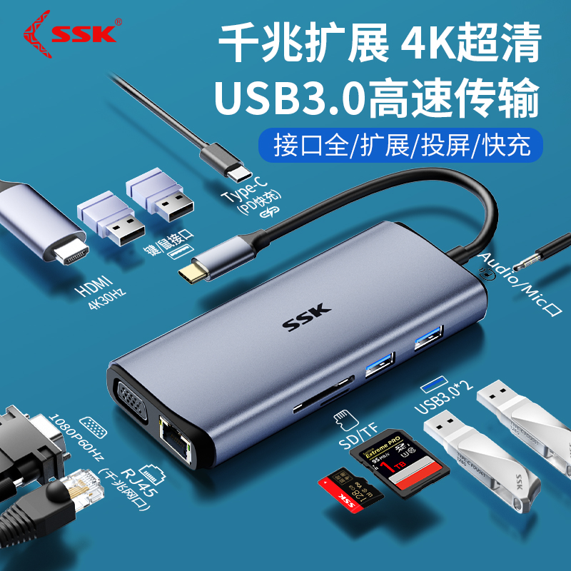 SSK飚王typec拓展坞雷电3usb扩展坞笔记本千兆网口分线器hub扩展坞卡hdmi8k高清显示外接电脑转换手机iPad 3C数码配件 USB HUB/转换器 原图主图