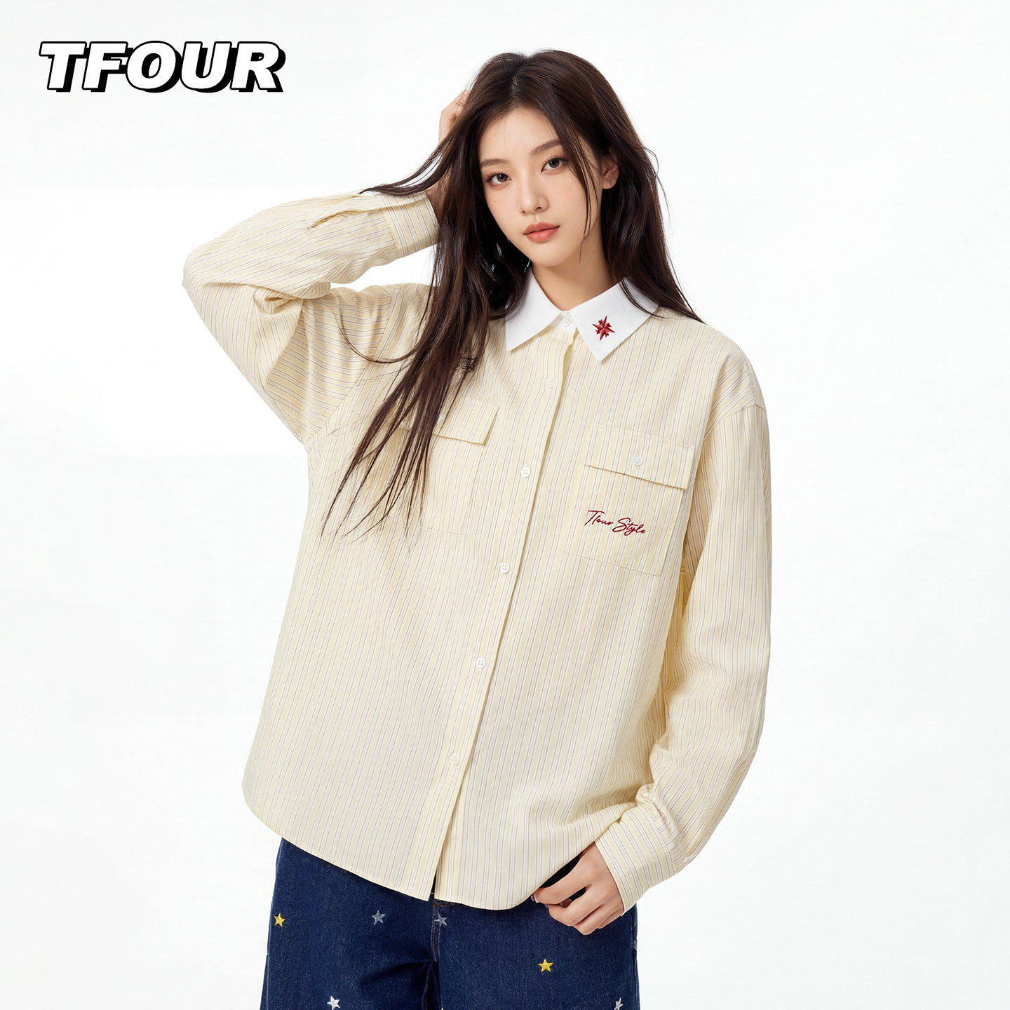 TFOUR 2026新款刺绣带盖口袋宽松长袖衬衫男女情侣薄款学院风衬衣