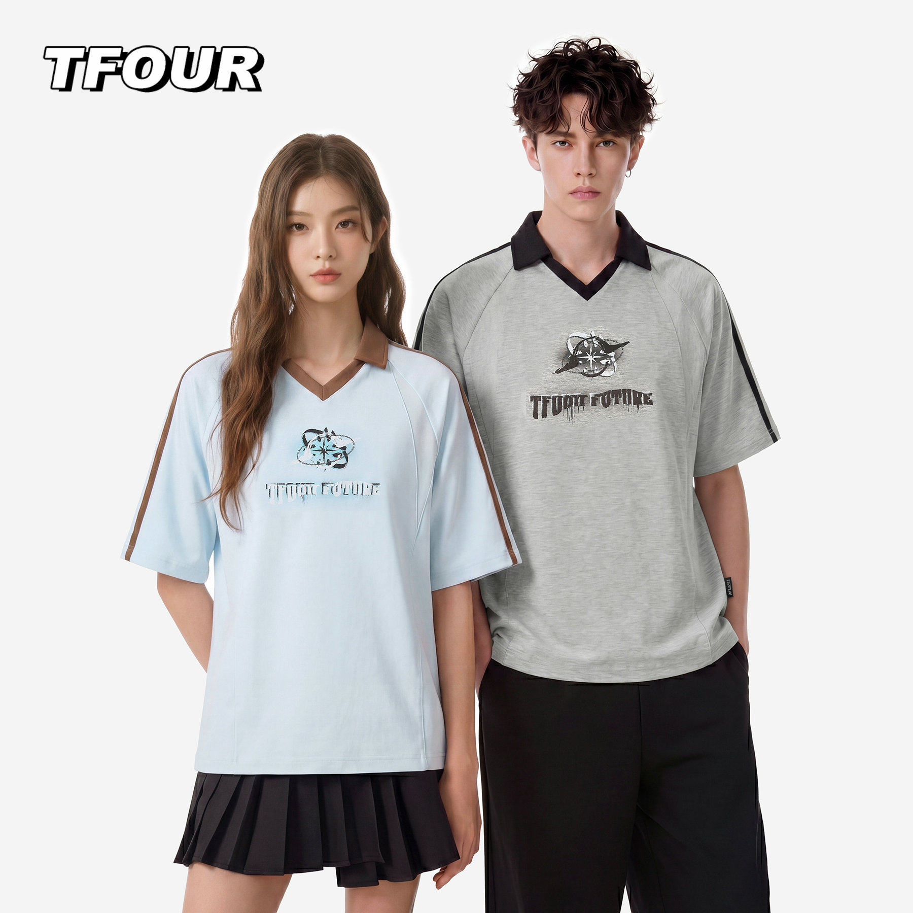 TFOUR 美式复古短袖POLO衫男情侣夏季撞色宽松V领T恤女足球风上衣