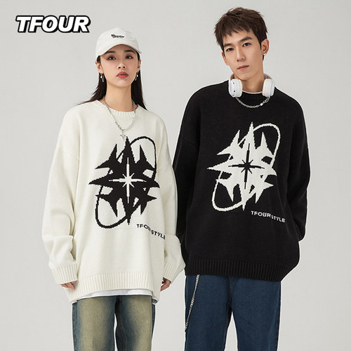 tfour美式复古重磅套头针织衫男