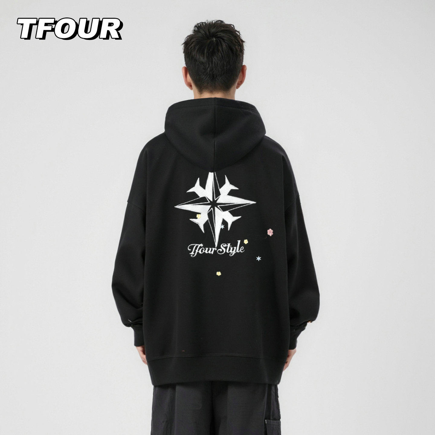 TFOUR 八芒星系列钉刺绣珠花卉卫衣男情侣装秋冬新款美式连帽外套