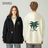 男女加绒宽松连帽开衫 TFOUR 八芒星花卉潮牌卫衣2025春秋新款 外套