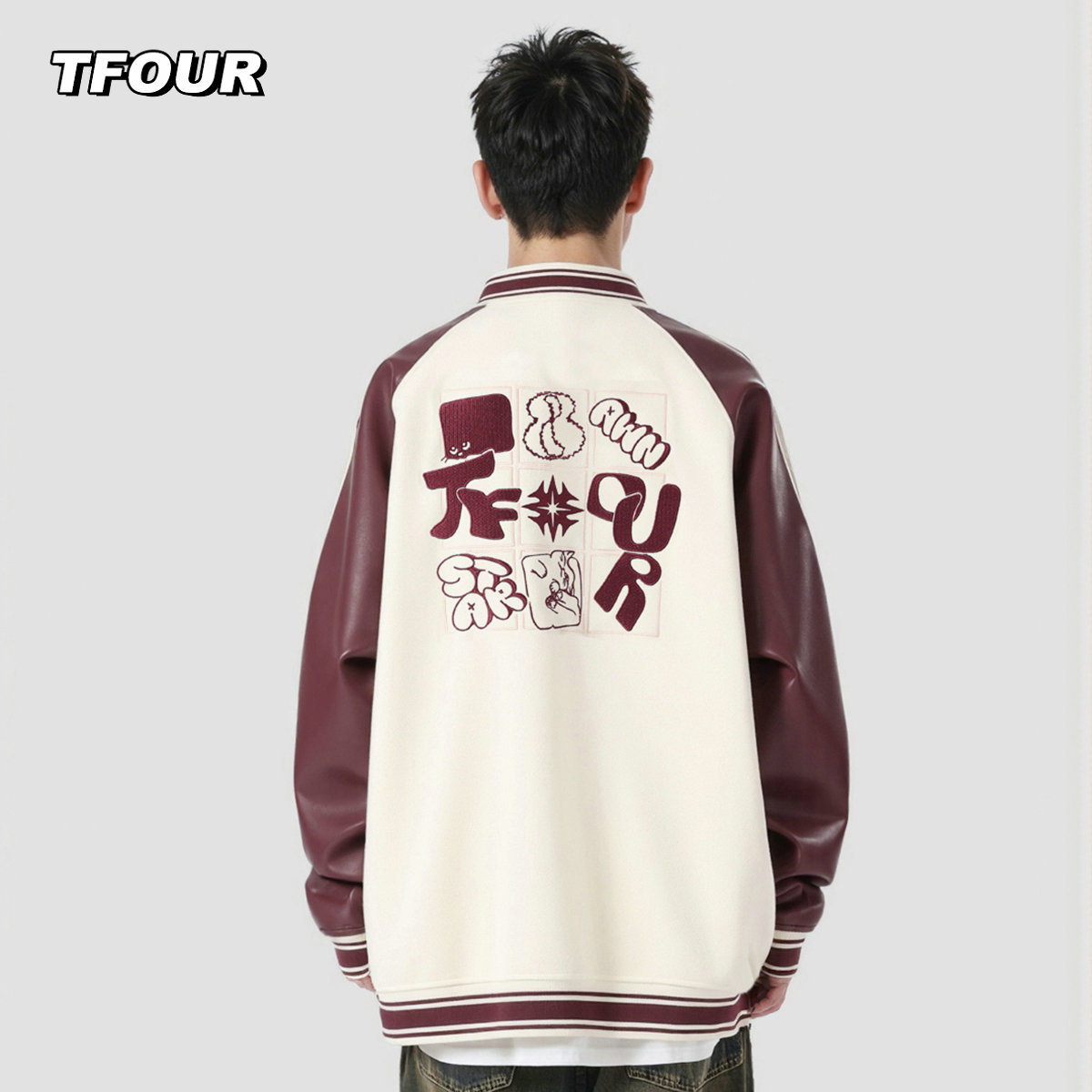 TFOUR美式休闲刺绣PU皮棒球服