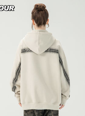 TFOUR 2025春秋季新款八芒星条纹印花连帽卫衣美式潮牌宽松男女款