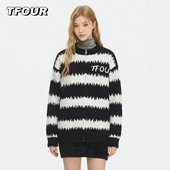 男女宽松秋冬季 tfour 2025黑白撞色条纹针织开衫 慵懒软糯海马毛衣