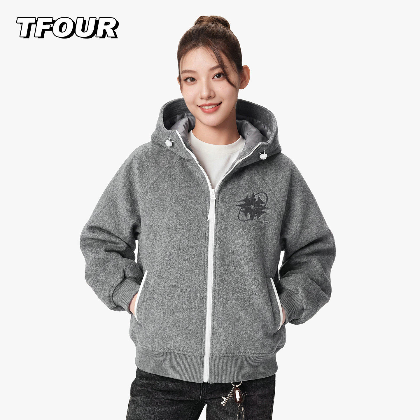 TFOUR 八芒星连帽毛呢大衣男女短款美式宽松情侣拉链卫衣帽衫外套