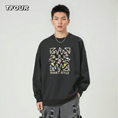 TFOUR 潮流休闲情侣上衣 八芒星秋季 美式 重磅刺绣花卉卫衣男女同款