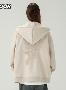 TFOUR 2025春秋季新款蝴蝶结刺绣卫衣重磅连帽潮牌宽松外套青少年