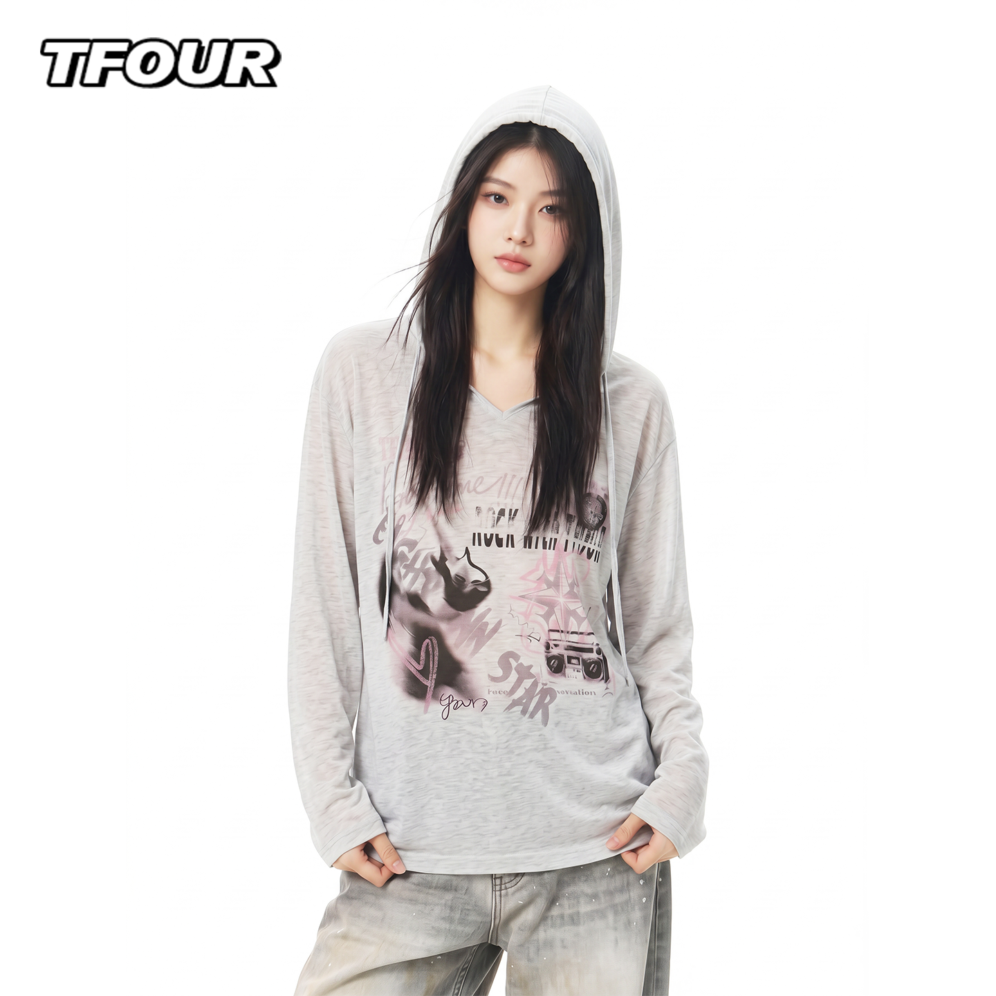 TFOUR26美式印花连帽长袖T恤女夏季凉感透气宽松运动防晒空调罩衫