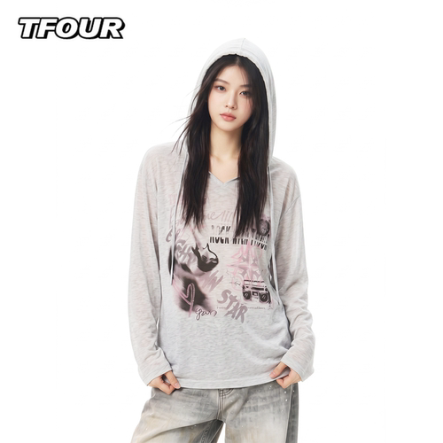 TFOUR连帽印花美式长袖罩衫女