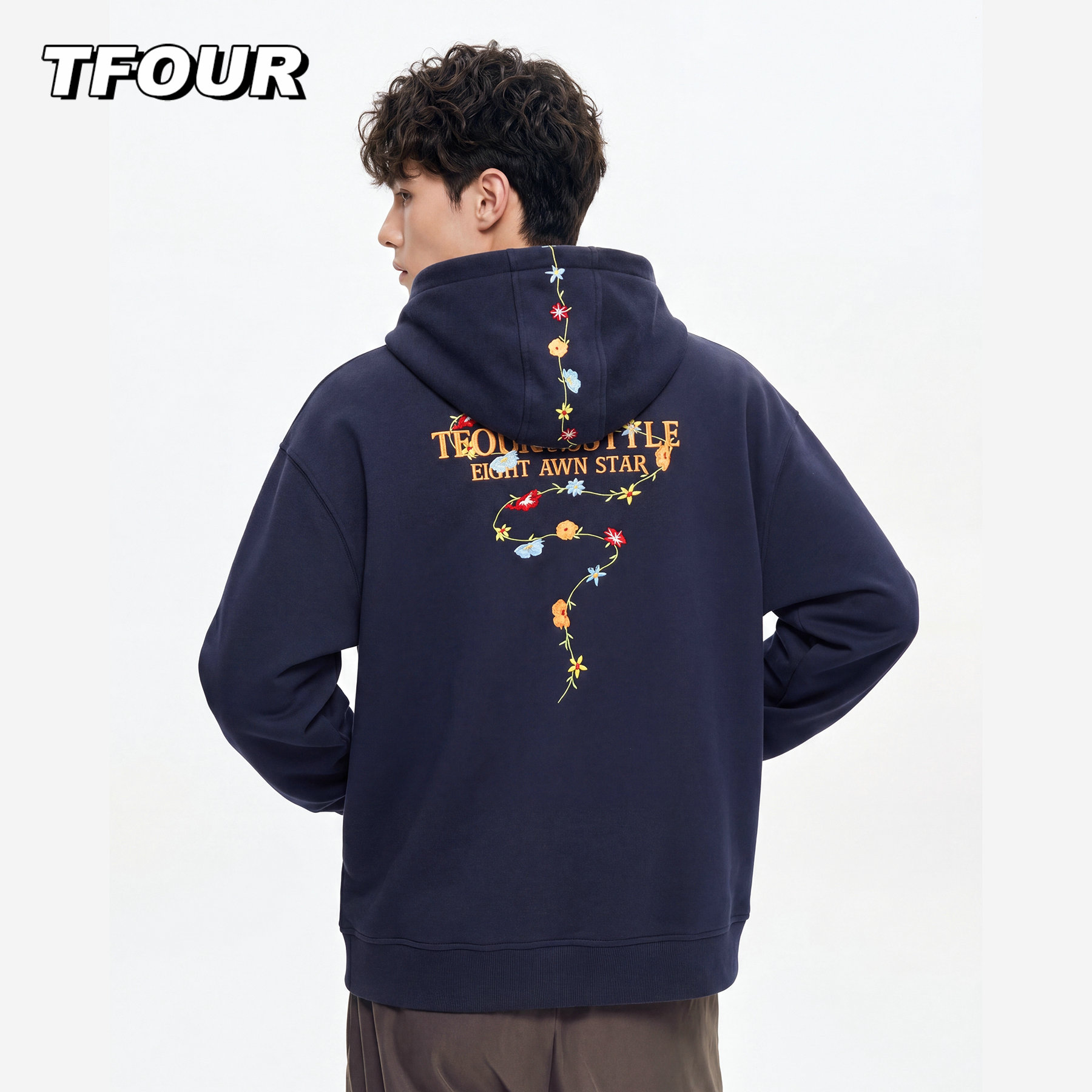 TFOUR 美式植物花卉刺绣连帽卫衣男国潮宽松休闲上衣拉链情侣外套