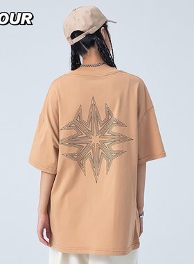 TFOUR八芒星系列烫金T恤字母LOGO图案纯棉短袖男女同款宽松个性潮